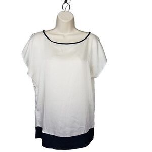 Ann Taylor Small Ivory White Blouse Navy Trim Short Sleeve Dressy Career Work S
